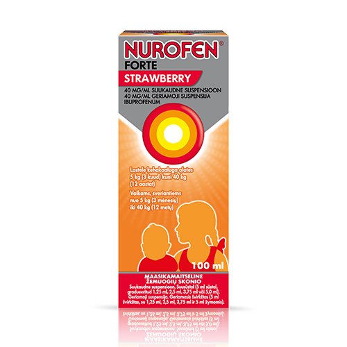 Vaistas nuo skausmo ir karščiavimo Nurofen Forte Strawberry geriamoji suspensija vaikams, 40 mg/ml, 100 ml | Mano Vaistinė