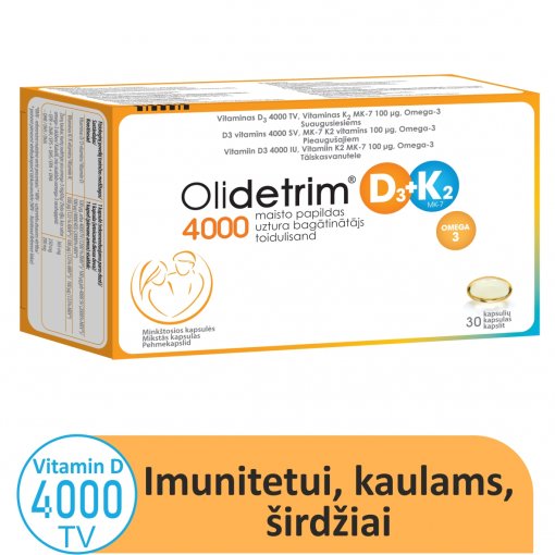 Vitamino D3 (4000 TV), ir K2 (MK-7 100 μg) ir Omega-3 kompleksas Širdžiai, kaulams, imunitetui OLIDETRIM 4000, 30 vnt. | Mano Vaistinė