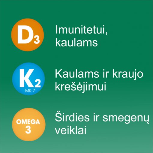 Vitamino D3 (2000 TV), ir K2 (MK-7 100 μg) ir Omega-3 kompleksas Širdžiai, kaulams, imunitetui OLIDETRIM 2000, 30 vnt. | Mano Vaistinė