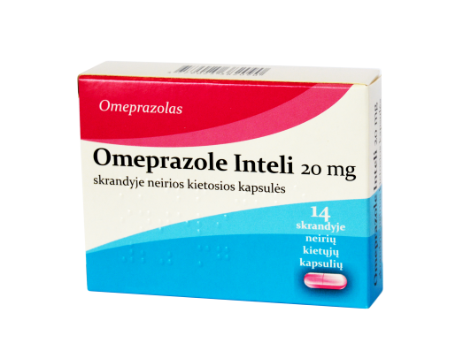 Rūgštingumą mažinantis vaistas Omeprazole Inteli 20 mg kapsulės, N14 | Mano Vaistinė