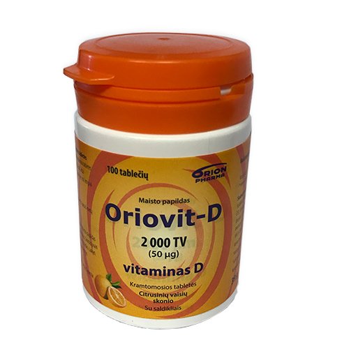 Vitaminas D Oriovit-D 50 mg 2000 TV, vitaminas D, 100 kramtomųjų tablečių, citrusinių vaisių skonio N100 | Mano Vaistinė