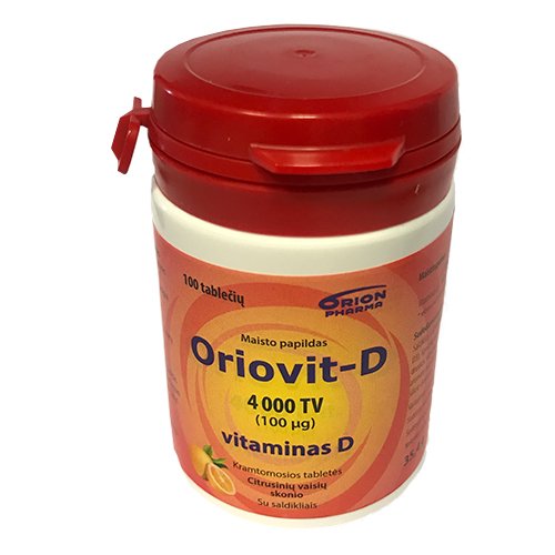 Vitaminas D Oriovit-D 100 mg 4000 TV, vitaminas D, 100 kramtomųjų tablečių, citrusinių vaisių skonio N100 | Mano Vaistinė