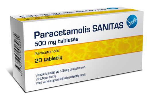 Skausmą, karščiavimą mažinantis vaistas Paracetamolis Sanitas, 500 mg tabletės, N20 | Mano Vaistinė