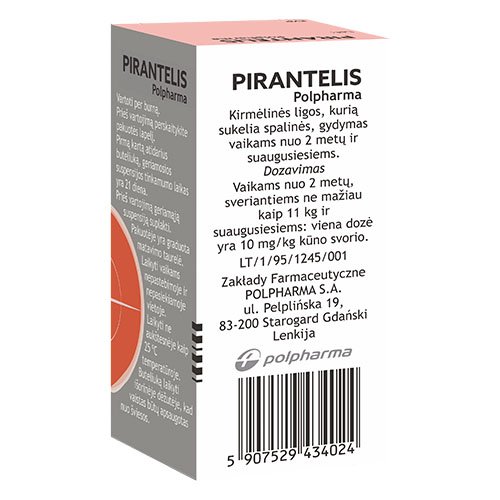 Vaistas nuo žarnyno kirmėlių PIRANTELIS Polpharma 250 mg/5 ml geriamoji suspensija, 15ml | Mano Vaistinė