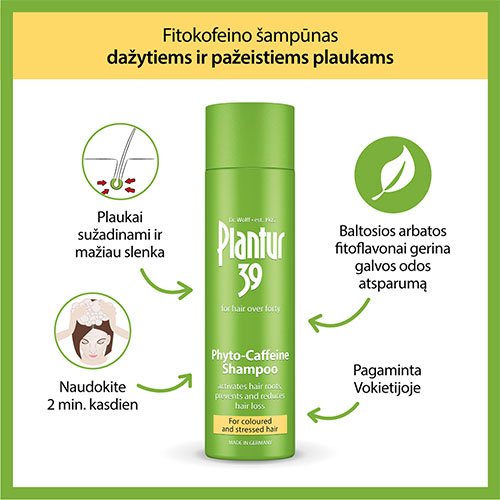Plaukų priežiūros priemonė, šampūnas PLANTUR39 šampūnas su kofeinu nuo plaukų slinkimo, 250ml | Mano Vaistinė