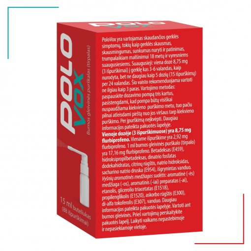 Vaistas gerklės skausmui ir uždegimui gydyti PoloVox 8.75mg/dozėje burnos gleivinės purškalas N1 | Mano Vaistinė