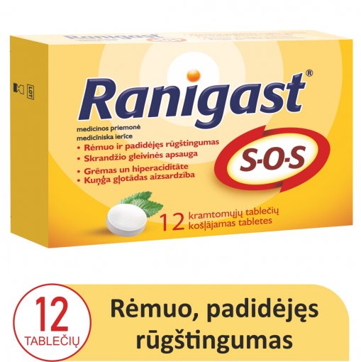Gastroezofaginio refliukso simptomų,  rėmens ir skrandžio skausmo, malšinimui Ranigast S-O-S kramtomosios tabletės N12 | Mano Vaistinė
