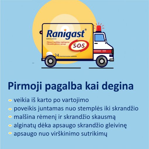 Gastroezofaginio refliukso simptomų,  rėmens ir skrandžio skausmo, malšinimui Ranigast S-O-S kramtomosios tabletės N12 | Mano Vaistinė