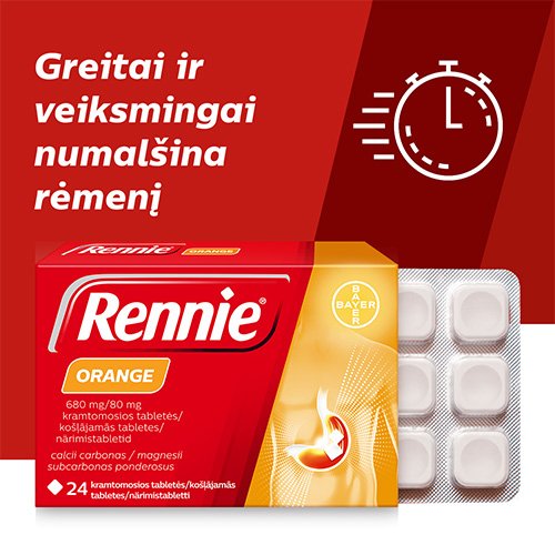 Rennie – greitas ir veiksmingas vaistas nuo rėmens ir padidėjusio rūgštingumo. Rennie Orange 680 mg/80 mg, 24 kramtomosios tabletės | Mano Vaistinė