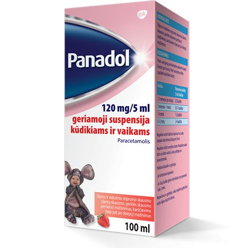 Skausmą, karščiavimą mažinantis vaistas Panadol 120 mg/5 ml geriamoji suspensija kūdikiams ir vaikams, 100 ml | Mano Vaistinė