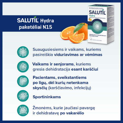 Magnis, pantoteno rūgštis. Apelsinų skonio. Elektrolitų balansui SALUTIL HYDRA, 15 pak. | Mano Vaistinė Magnis, pantoteno rūgštis. Apelsinų skonio. Elektrolitų balansui SALUTIL HYDRA, 15 pak. | Mano Vaistinė