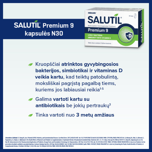 Probiotikai SALUTIL PREMIUM 9 (9 mlrd. Gyvybingųjų bakterijų), 30 kaps.  | Mano Vaistinė