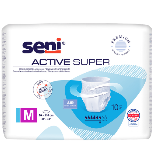 Sauskelnės - kelnaitės suaugusiems Sauskelnės-kelnaitės SENI ACTIVE SUPER PREMIUM, M dydis, 10 vnt. | Mano Vaistinė