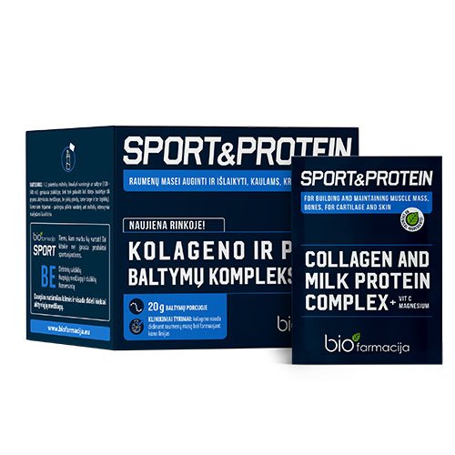 Kolageno ir pieno baltymų kompleksas + vitaminas C, magnis SPORT&PROTEIN, 28 milteliai  | Mano Vaistinė