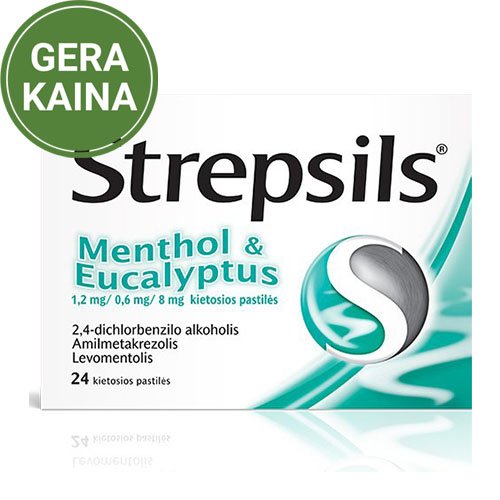 Vaistas nuo gerklės skausmo Strepsils pastilės su mentoliu ir eukaliptu, N24 | Mano Vaistinė