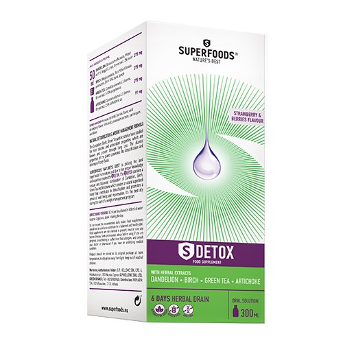 Geriamas augalinių ekstraktų derinys, specializuotas maisto papildas Detoksikacijai ir svorio mažinimui SUPERFOODS SDETOX, 300 ml | Mano Vaistinė