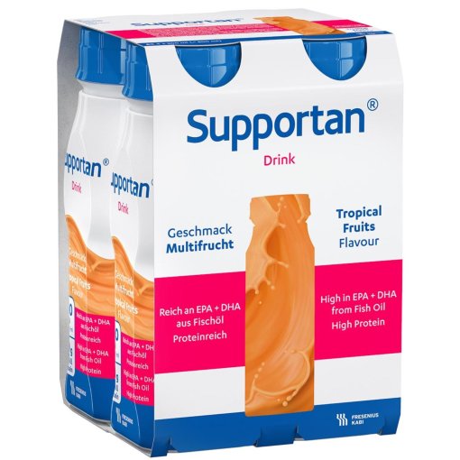 Su dideliu baltymų kiekiu ir skaidulinėmis medžiagomis Tropinių vaisių skonio gėrimas be gliuteno SUPPORTAN DRINK, 200 ml, 4 vnt. | Mano Vaistinė