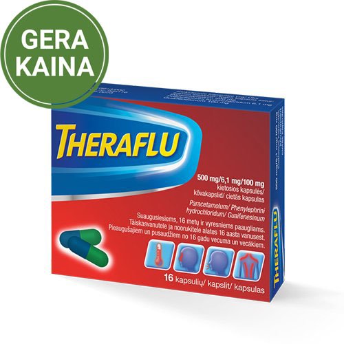 Peršalimo simptomams lengvinti  Theraflu 500 mg/6,1 mg/100 mg kietosios kapsulės | Mano Vaistinė