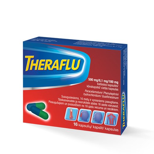 Peršalimo simptomams lengvinti  Theraflu 500 mg/6,1 mg/100 mg kietosios kapsulės | Mano Vaistinė