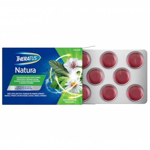 Aviečių skonio tabletės Gerklei THERATUS NATURA, 16 čiulpiamų tablečių | Mano Vaistinė