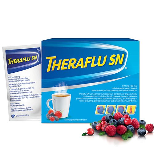 Vaistai nuo peršalimo TheraFlu SN milteliai geriamajam tirpalui, N10 | Mano Vaistinė