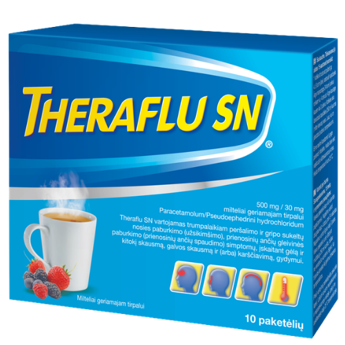 Milteliai geriamajam tirpalui nuo peršalimo THERAFLU SN 500 mg/30 mg, 10 vnt. | Mano Vaistinė Milteliai geriamajam tirpalui nuo peršalimo THERAFLU SN 500 mg/30 mg, 10 vnt. | Mano Vaistinė