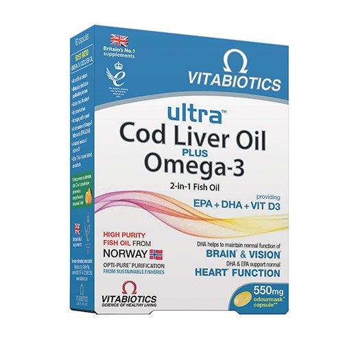 Maisto papildas, žuvų taukai Ultra Cod Liver Oil plus Omega-3, 60 kapsulių | Mano Vaistinė