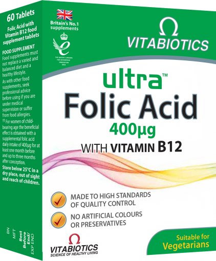 Folic and supplements Ultra Folic Acid Tablets with vitamin B12, N60 | Mano Vaistinė