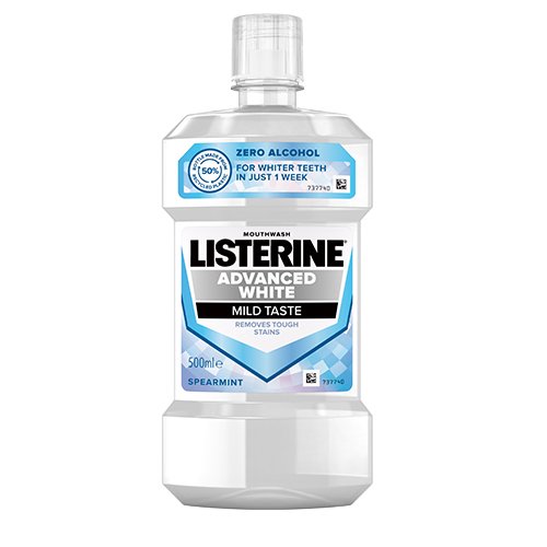 Balinantis dantis burnos skalavimo skystis LISTERINE Advanced White Mild burnos skalavimo skystis, 500 ml | Mano Vaistinė