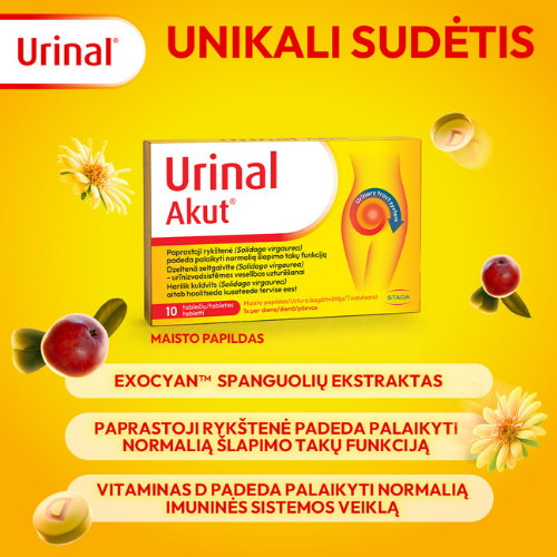 Unikalus spanguolių ekstrakto, paprastosios rykštenės ir vitamino D derinys normaliai šlapimo takų funkcijai palaikyti. Sustabdyk tai šią sekundę. Šlapimo sistemai URINAL AKUT, 10 tab. | Mano Vaistinė Unikalus spanguolių ekstrakto, paprastosios rykštenės ir vitamino D derinys normaliai šlapimo takų funkcijai palaikyti. Sustabdyk tai šią sekundę. Šlapimo sistemai URINAL AKUT, 10 tab. | Mano Vaistinė