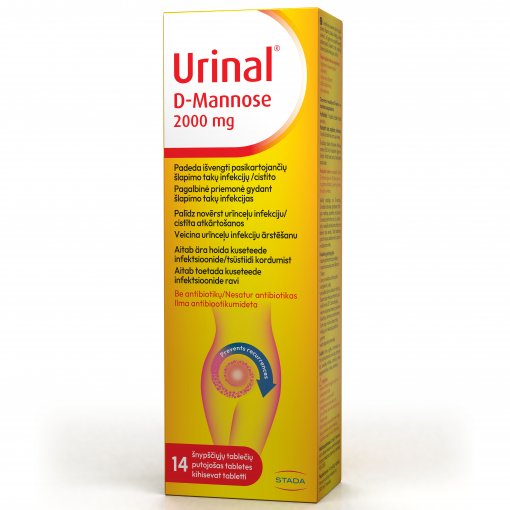 Padeda išvengti pasikartojančių šlapimo takų infekcijų Šlapimo sistemai URINAL D-MANNOSE 2000mg, 14 tab. | Mano Vaistinė