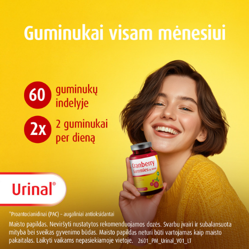 Tik 2 guminukai per dieną! Guminukai šlapimo sistemai URINAL CRANBERRY GUMMIES, 60 vnt. | Mano Vaistinė