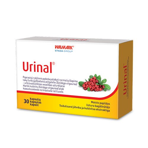 Unikalus spanguolių ekstrakto, paprastosios rykštenės ir vitamino D derinys normaliai šlapimo takų funkcijai palaikyti.  Kasdieniam vartojimui. Urinal kapsulės, N30 | Mano Vaistinė