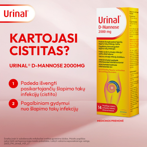 Padeda išvengti pasikartojančių šlapimo takų infekcijų Šlapimo sistemai URINAL D-MANNOSE 2000mg, 14 šnypščiųjų tablečių | Mano Vaistinė Padeda išvengti pasikartojančių šlapimo takų infekcijų Šlapimo sistemai URINAL D-MANNOSE 2000mg, 14 šnypščiųjų tablečių | Mano Vaistinė