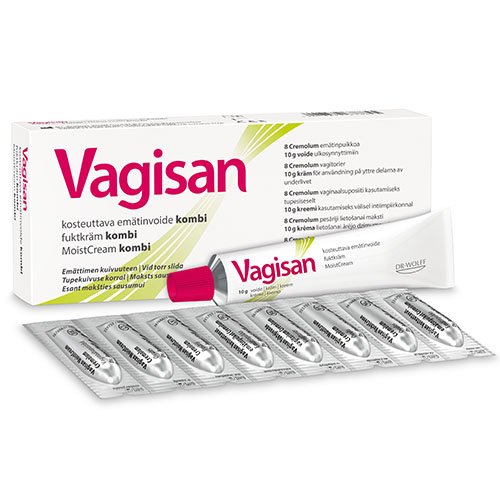 Priemonė nuo makšties sausumo Vagisan kombinuotas drėkinamasis makšties kremas, 10 g + ovulės, N8 | Mano Vaistinė