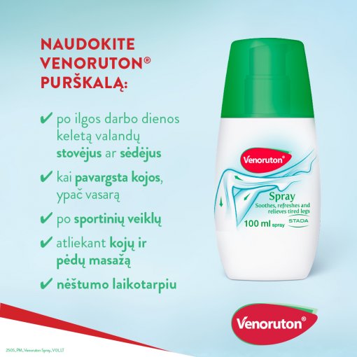 Ramina, gaivina ir atpalaiduoja pavargusias kojas Pavargusioms kojoms VENORUTON SPRAY, 100 ml | Mano Vaistinė