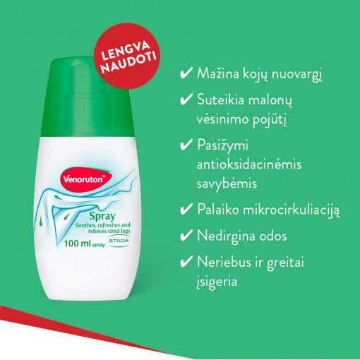 Ramina, gaivina ir atpalaiduoja pavargusias kojas Pavargusioms kojoms VENORUTON SPRAY, 100 ml | Mano Vaistinė