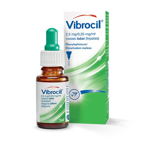 Kvėpavimo takams skirtas vaistas Vibrocil 2,5 mg/0,25 mg/ml nosies lašai (tirpalas), 15 ml | Mano Vaistinė