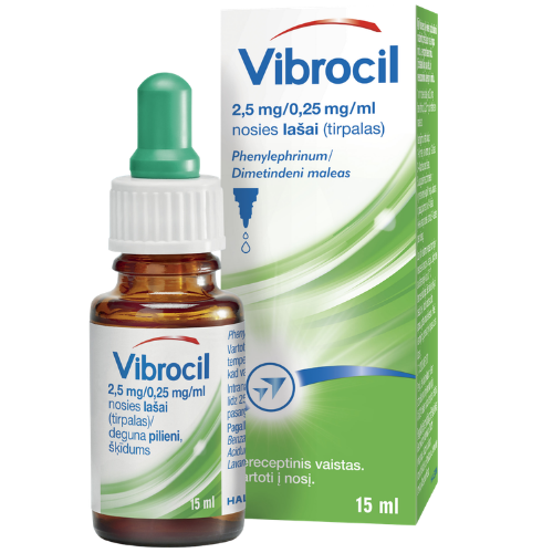 Kvėpavimo takams skirtas vaistas Vibrocil 2,5 mg/0,25 mg/ml nosies lašai (tirpalas), 15 ml | Mano Vaistinė
