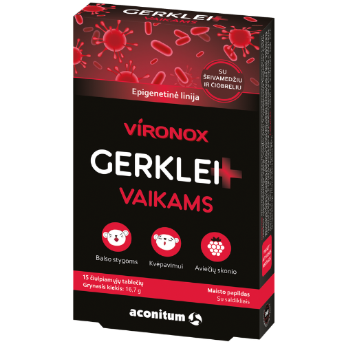 Imunitetui, kvėpavimui, energijai ir dantų būklei palaikyti Aviečių skonio čiulpiamosios tabletės vaikams VIRONOX GERKLEI+, 15 tab. | Mano Vaistinė Imunitetui, kvėpavimui, energijai ir dantų būklei palaikyti Aviečių skonio čiulpiamosios tabletės vaikams VIRONOX GERKLEI+, 15 tab. | Mano Vaistinė