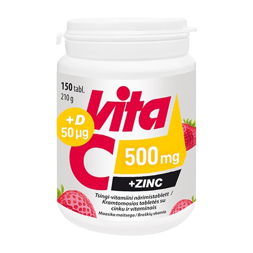 Vitaminai VITA C 500 mg + Zinc + D3, 150 braškių skonio pastilių | Mano Vaistinė
