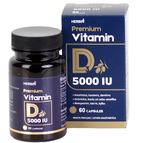 Kaulams, dantims, raumenims, imuninei sistemai Vitaminas D3 5000TV HERBIN PREMIUM, 60 kaps. | Mano Vaistinė