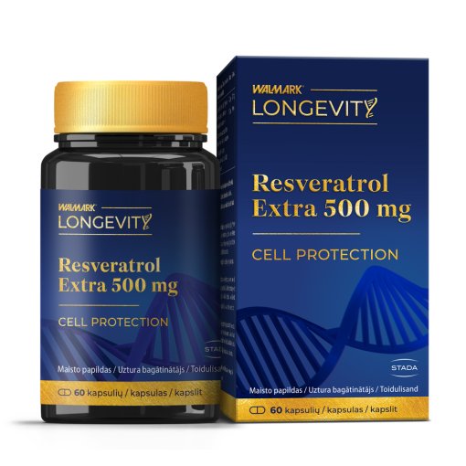 Normaliai širdies veiklai WALMARK LONGEVITY RESVERATROL EXTRA 500 mg, 60 kaps. | Mano Vaistinė