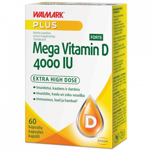 Imunitetui, kaulams ir dantims. Didelė vitamino D dozė vienoje kapsulėje. Vitaminas D WALMARK MEGA VITAMIN D3 FORTE 4000 IU, 60 kaps. | Mano Vaistinė