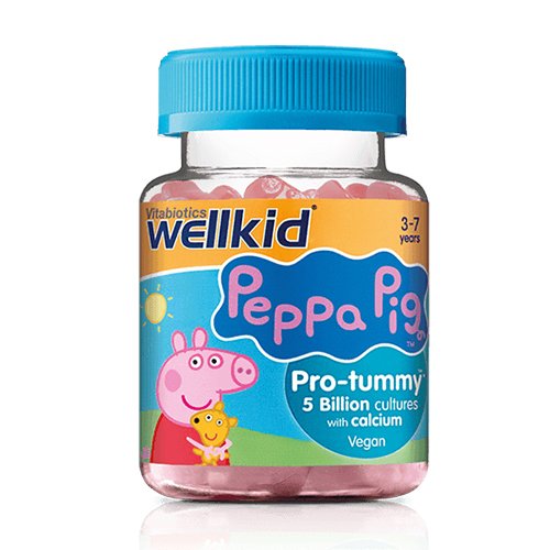 6 bakterijų kultūrų kompleksas su kalciu. Be dirbtinių saldiklių, konservantų, laktozės ir mielių. Pieno rūgšties bakterijos vaikams WELLKID PEPPA PIG PRO-TUMMY, 30 guminukų | Mano Vaistinė