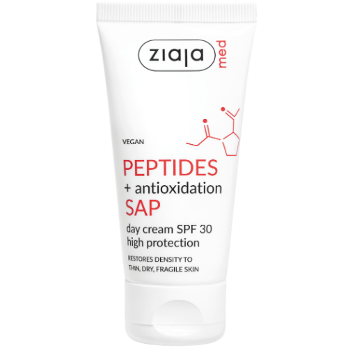 Suteikia odai lygumą ir švelnumą, mažiau matomų raukšlių Dieninis veido kremas su peptidais ZIAJA MED SPF30, 50 ml | Mano Vaistinė