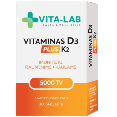 Vitaminas D3 5000 + K2 200 µg ELEVITA VITA-LAB PLUS, 30 tablečių