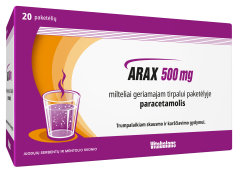 Milteliai geriamajam tirpalui paketėlyje nuo karščiavimo ir skausmo ARAX 500 mg, 20 vnt.