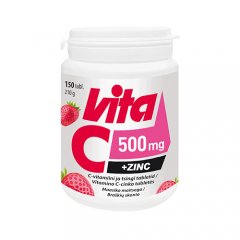 Braškių skonio vitaminai VITA C 500 mg + ZINC, 150 kramtomų tab.