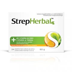 StrepHerbal Honey flavour&Lemon Balm, Propolis pastilės N24